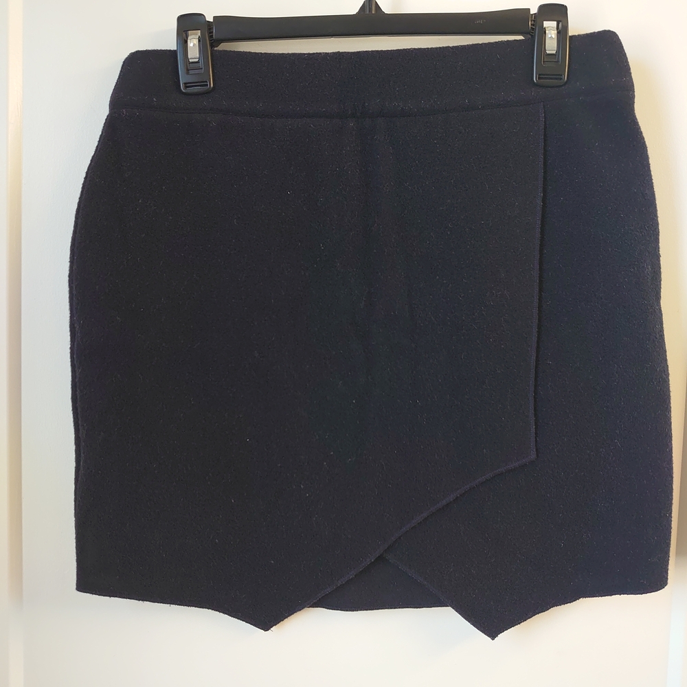 Navy Asymmetrical Mini Wool Pencil Skirt